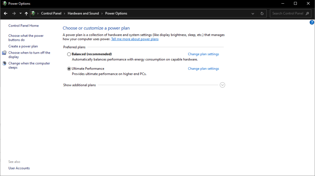 Power options tab on windows