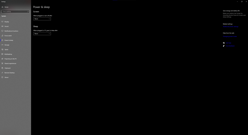 Windows Power and Sleep settings.