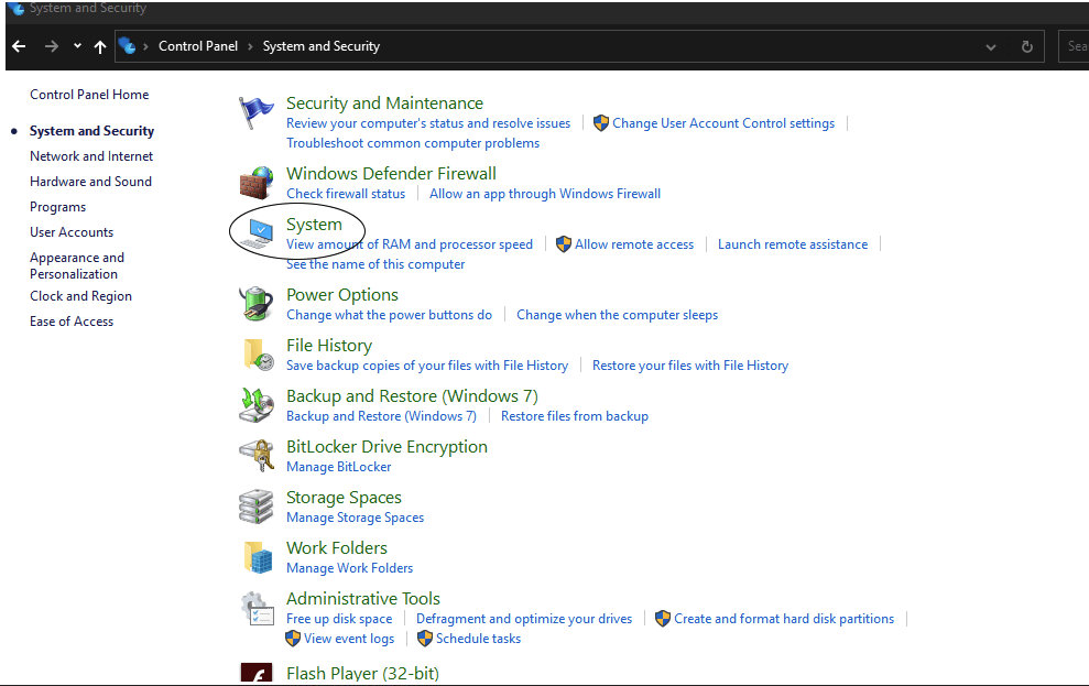System and Security tab in Windows Control Panel