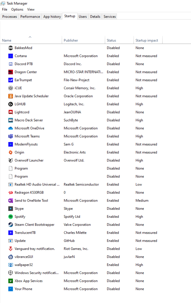 Startup options in Windows Task Manager