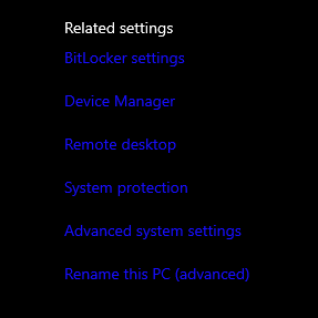 Advanced settings list in Windows