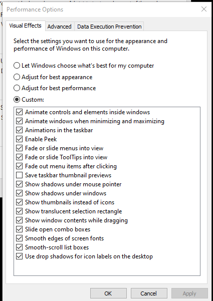 Visual effect settings in Windows