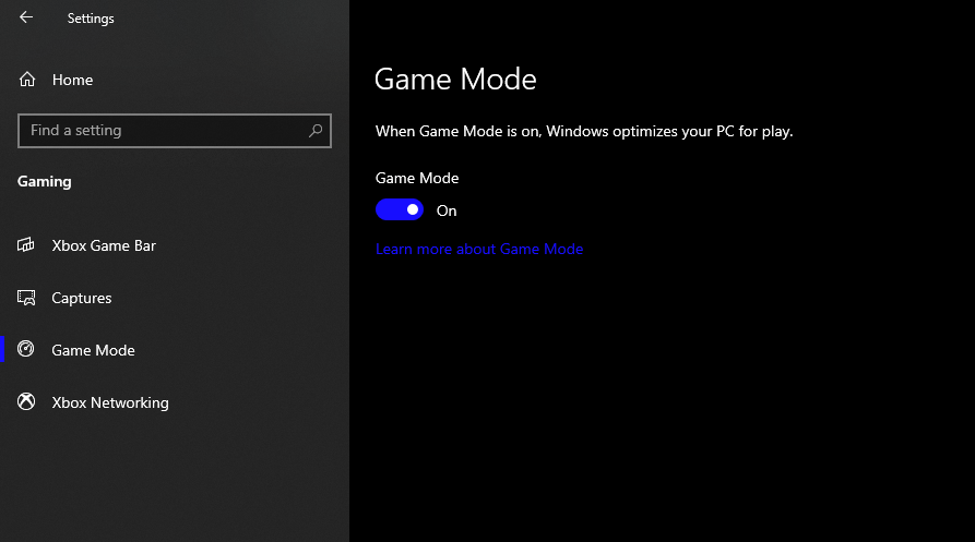 Game mode enabled in Windows