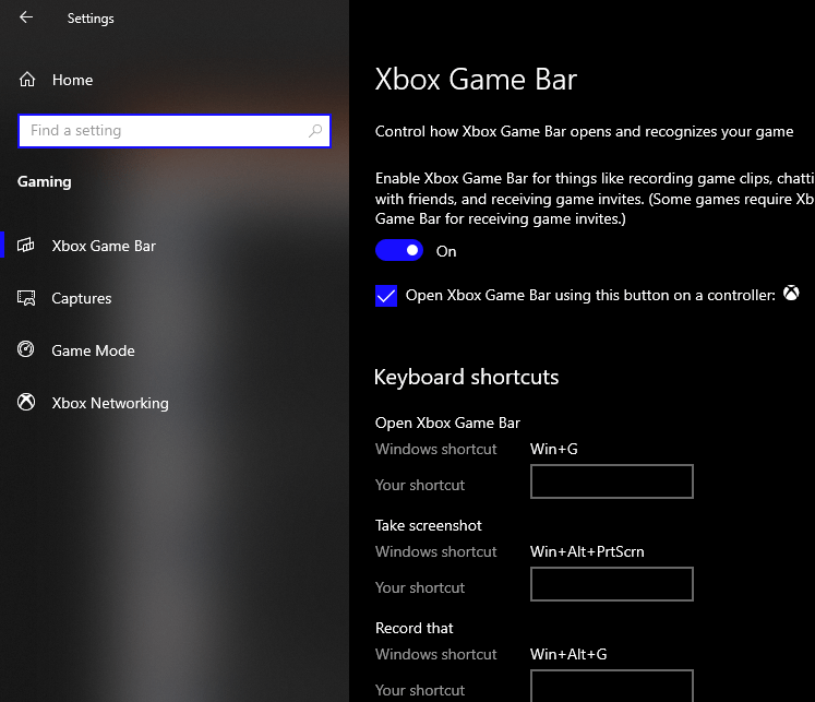 Xbox Game Bar setting on Windows