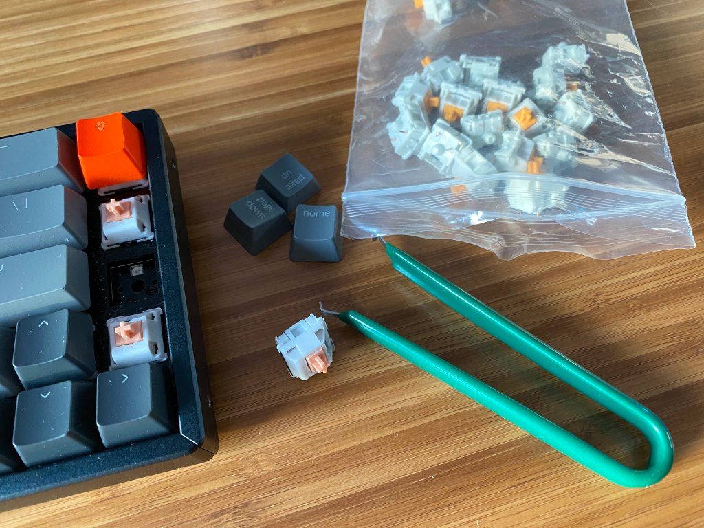 Keychron K6 with switches, keycaps, and switch puller