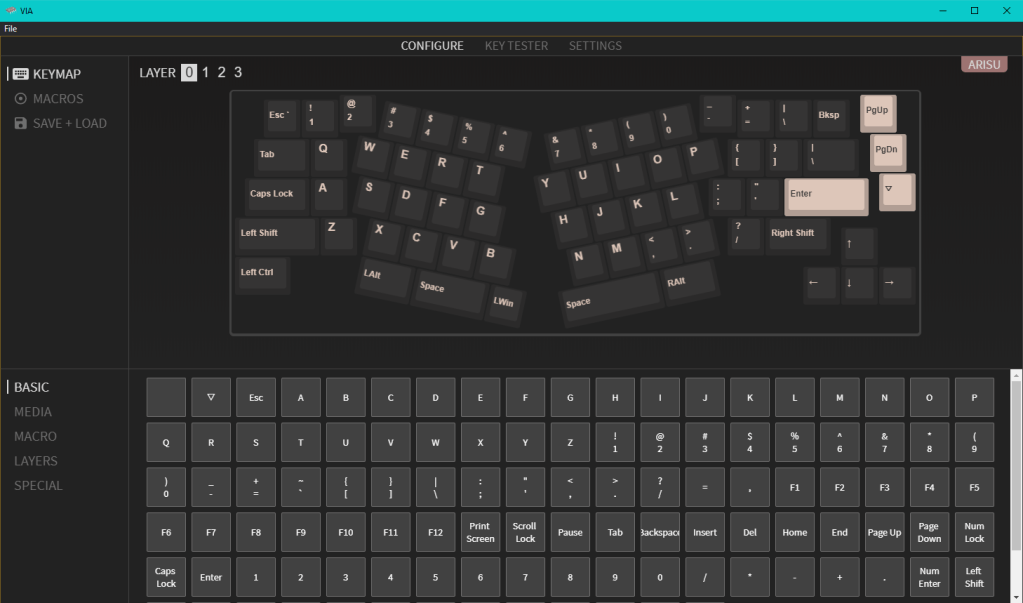 VIA software being used to control an Arisu keyboard.